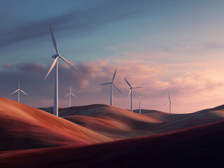 Wind turbines generating clean energy on rolling hills at sunset
