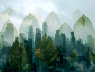 Green leaves overlapping modern city buildings showing eco friendly concept