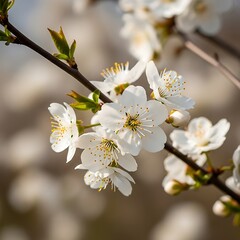 Obraz premium Close-up of delicate white blossoms on a branch.