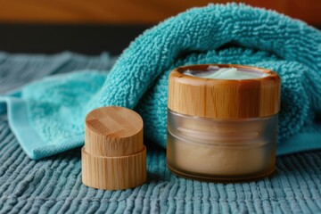 Natural Beauty Cream with Sustainable Bamboo Lid Skincare Wellness Organic Spa Hygiene Lifestyle Product Nature Towel