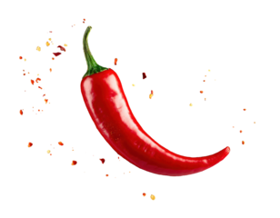 Chili powder and chili flakes burst out from red chili pepper on black