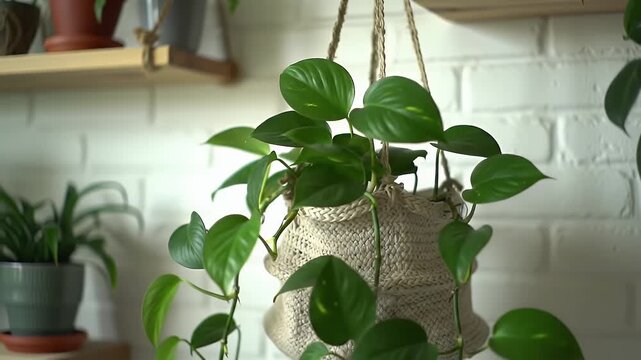 Pothos Plant in Macrame Hanger Against White Brick Wall With Green Leaves and Pots on Wood Shelves