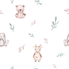 Seamlesss pattern with cartoon clouds, magic baby bear bunny toys and cow. Watercolor hand drawn illustration with white background