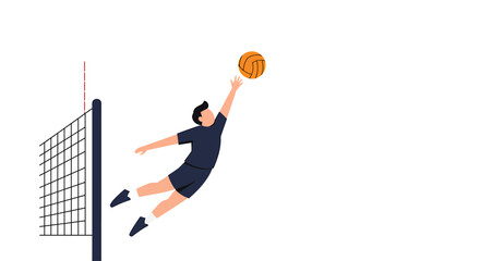 Fototapeta premium A male volleyball player jumps high in the air to spike the ball over the net.