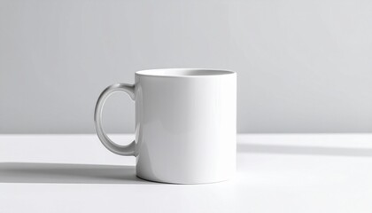 Obraz premium White ceramic mug centered on a light grey background, captured with soft studio lighting and minimal shadows, modern and minimalist aesthetic, clean product mockup. 