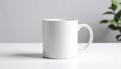 White ceramic mug centered on a light grey background, captured with soft studio lighting and minimal shadows, modern and minimalist aesthetic, clean product mockup.

