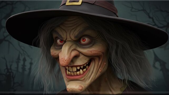 A creepy witch with a sinister grin and glowing red eyes.