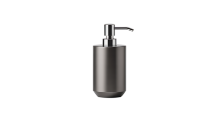 Gray soap dispenser with pump on white background

