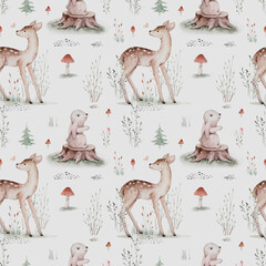 Watercolor Woodland animals seamless pattern. Fabric wallpaper forest with baby deer. Owl, fox and butterfly, Bunny rabbit set of forest, bear and bird baby animal Nursery