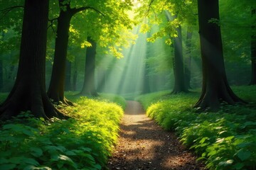 Naklejka premium Sun-dappled path winds through lush green forest, sunlight filtering through canopy, creating dappled shadows on the mossy forest floor A tranquil scene of peaceful woodland , outdoor, moss