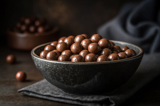 Delicious chocolate malt balls overflowing in a rustic black bowl on a dark table setting