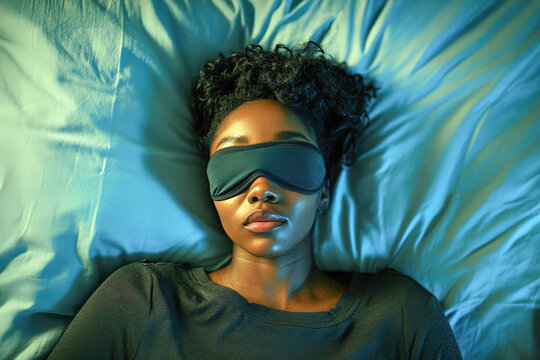 Young African-American woman with eye sleeping mask sleeping in bed. National Napping Day