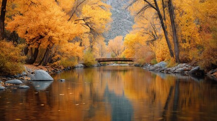 Fototapeta premium Autumn leaves falling by a tranquil river yosemite national park nature photography scenic view serene environment colorful landscape