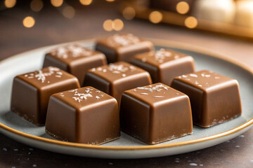 Delicious gourmet chocolate squares with sea salt flakes presented on a plate