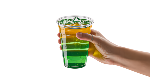 Hand holding green and yellow drink cup with ice on white background

