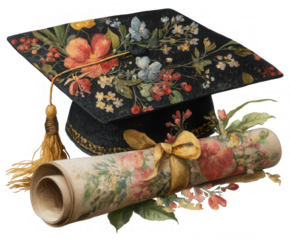 Graduation Cap with Diploma Scroll PNG – Black Academic Hat with Gold Tassel Illustration