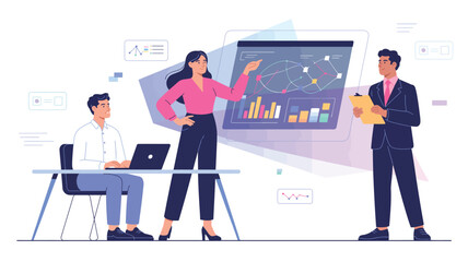 "Business Presentation Scene with Charts, Laptop, and Team Roles Depicting Strategic Communication and Data-Driven Decision Making"