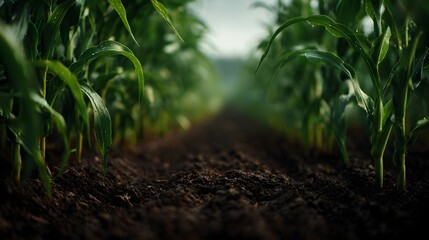 Lush cornfield with rows of healthy plants and summer lighting
