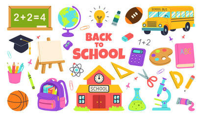 Fototapeta premium Back to school is a collection of school supplies and school items. The image is colorful and cheerful, with a focus on the school environment. The items include a backpack, a clock, a book, a pencil