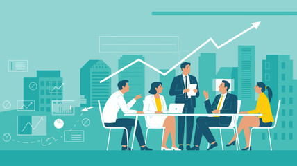 "Group Business Meeting with Presenter, Cityscape Background, and Symbols of Growth, Productivity, and Strategic Collaboration"