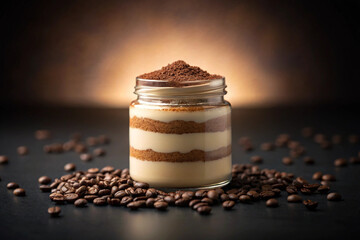 Delicious tiramisu dessert in a jar surrounded by roasted coffee beans for a delightful treat