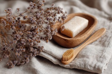 Wooden brush zen med spa and Soap Dish on Linen with Dried Flowers