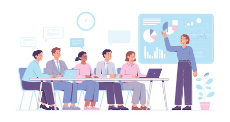 Obraz premium Diverse business team discussing data during a meeting with a presenter showing charts on a screen in a modern conference room