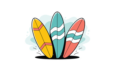 Vibrant surfboards on a sandy shore, perfect for summer vibes, beach life, and ocean adventures, featuring yellow, turquoise, and coral-colored boards.