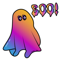 Cute Gradient Ghost Sticker. Glossy ghost with colorful gradient and shiny eyes, plus “Boo!” word. Fun and playful Halloween element for social posts or products.