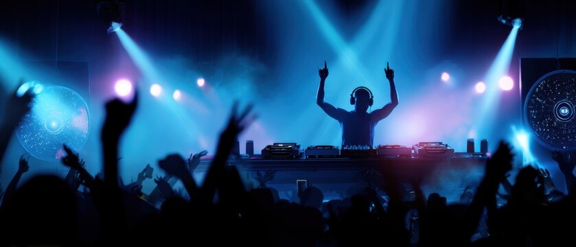 The dynamic DJ performing at an electrifying nightlife event with energetic crowd.
