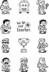 Teachers' Appreciation Doodle: A charming illustration of school-related elements. Including school children, school bus, and trophy to express appreciation and joy for educators. 