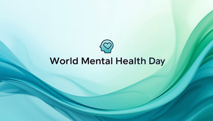 World mental health day graphic featuring a stylized head with a heart inside promoting awareness and well being with flowing abstract waves