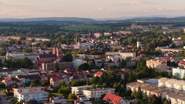 The city of Svitavy from a drone. Churches and historical buildings along with an industrial district and residential houses