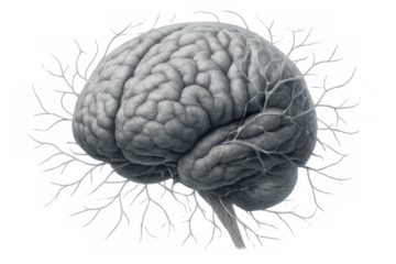Realistic 3d rendering of a human brain with visible nervous system, isolated on transparent background, perfect for medical and scientific projects