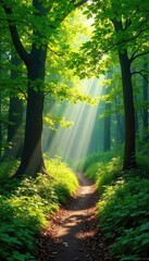 Obraz premium Sunlit Forest Path Winding Trail Through Lush Green Canopy, Dappled Light and Shadow, Perfect for Tranquility, Nature, Spring, and Summer Themes
