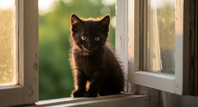 A small black kitten sitting on a white windowsill looking out at a green blurred background outdoors