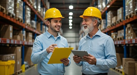 Generational Teamwork: Smiling Senior and Young Workers in a Modern Warehouse