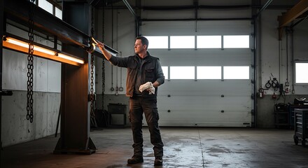 Focused Worker Inspects a Crane Hook Under Warm Light in a Gritty Industrial Workshop