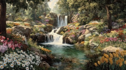 Obraz premium Vibrant garden landscape with a cascading waterfall amid lush greenery and colorful flowers