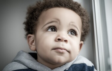 Curious child gazing thoughtfully through a window on a serene day