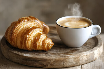 A golden croissant and a steaming cup of cappuccino are served on a rustic wooden tray.