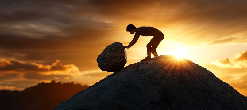 Silhouette of a determined individual pushing a boulder uphill against a stunning sunset backdrop.