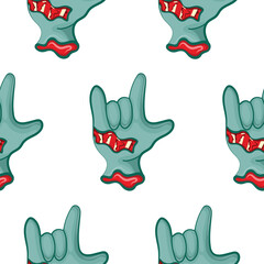 pattern with a cartoon zombie hand in blue with open wounds and bones showing 