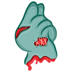 cartoon zombie hand in blue with open wounds and bones that folds into a clenched zombie fist gesture - a symbol of strength, rebellion or attack, design for Halloween