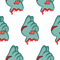 pattern of a cartoon zombie hand in blue with open wounds and bones that folds into a clenched zombie fist gesture - a symbol of strength, rebellion or attack, design for Halloween