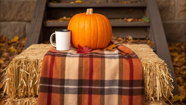 Pumpkin on a Plad Blanket with a Mug on a Rustic Outdoor Table Surrounded by Autumn Leaves and Stairs