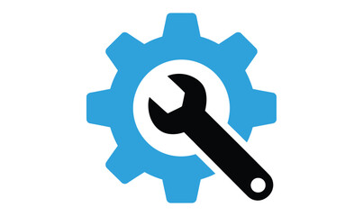 Blue Gear with Black Wrench Icon – Symbol of Maintenance, Settings, Repair, Technical Service, Customization, Optimization, and System Tools