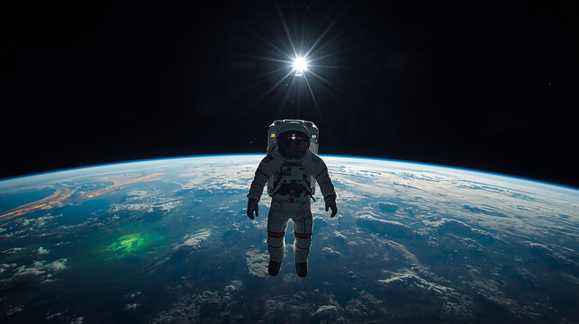 Astronaut in space, front of earth wearing space suit