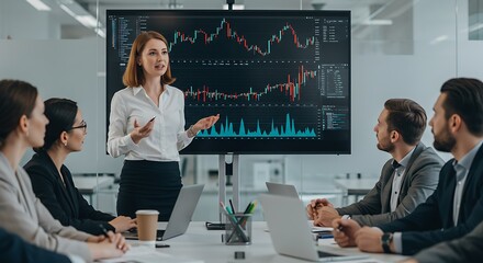 Confident Female Analyst Presents Stock Market Data to Attentive Team in a Modern Office