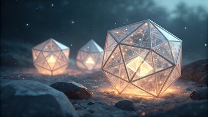 Luminous Geometric Lanterns: Magical Glowing Polyhedrons in a Starry Night Landscape